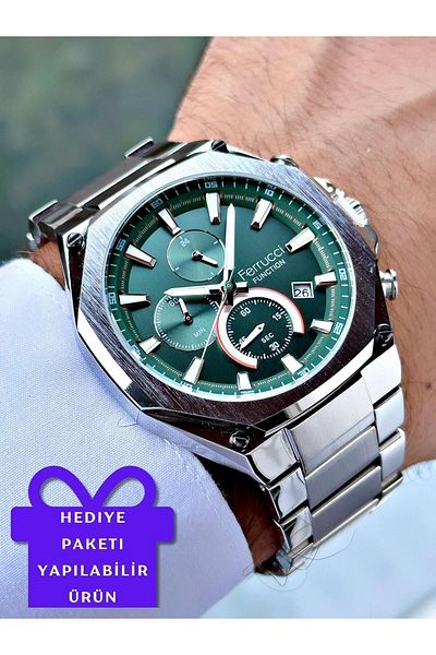 Ferrucci Green Dial Silver Color Steel Band Men's Wrist Watch (2 Years Warranty, Waterproof)