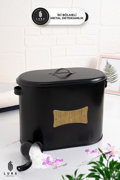 Lura Metal Cutie pentru tableta si detergent pulbere cu 2 compartimente cu capac metalic negru - Organizator pentru baie de 12 litri