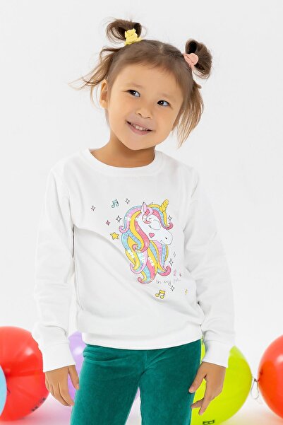 Breeze Kız Çocuk Sweatshirt Baskılı Pullu Unicorn 2-6 Yaş, Ekru