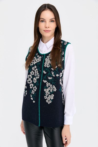 Desen Triko Vestă de lână pentru femei albastru bleumarin - decolteu, model cu flori de strănut
