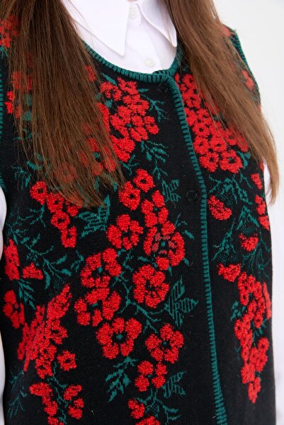 Desen Triko Women's Black Wool Vest - Null Collar, Puppy Flower Pattern