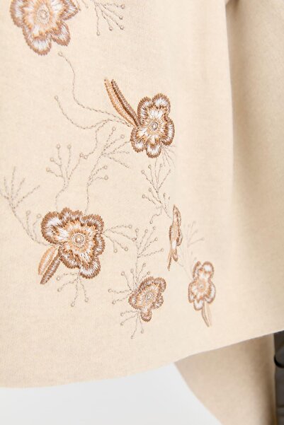 Desen Triko Melange Women's Shawl - Single Side Floral Embroidered