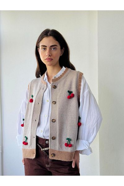 Retrobird Gray Glitter Design Embroidered Cherry Embossed Women's Vest