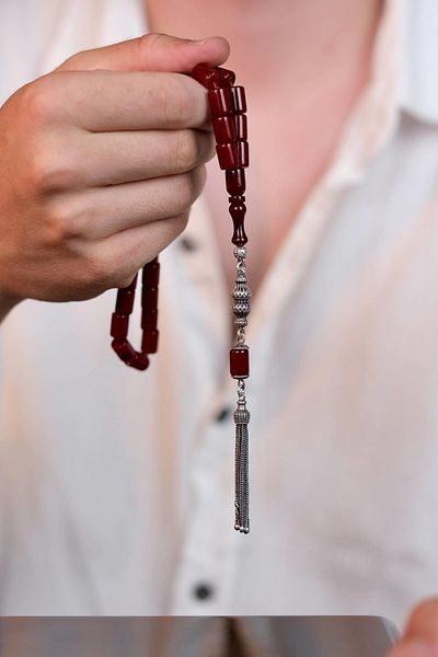 dergah tesbih Silver Colored Ottoman Model Clamping Amber Design