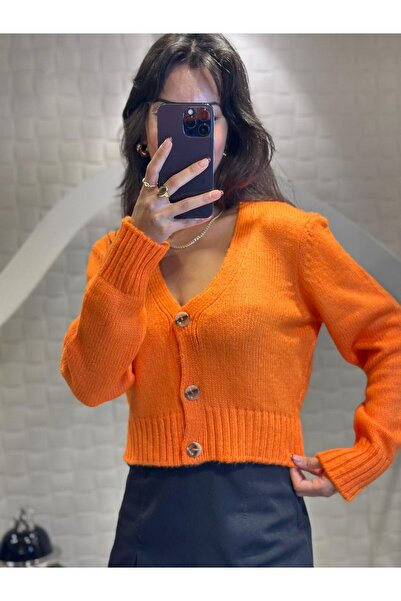 STYLE NİŞANTAŞI Women's V-Neck Knit Crop Cardigan Orange Color Short Standard...