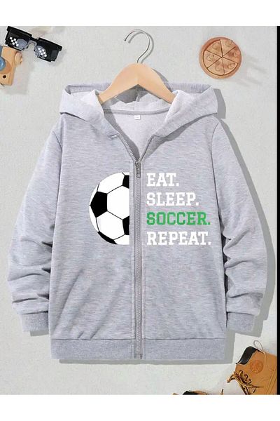 MORNİNG KİDS Boy Gray? Hooded Raised Soccer Football Printed Zippered Cardigan