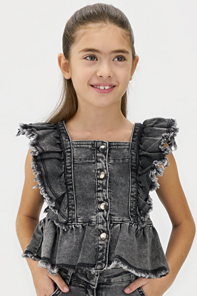 Panço Dívčí propracovaná černá džínová halenka s volánem