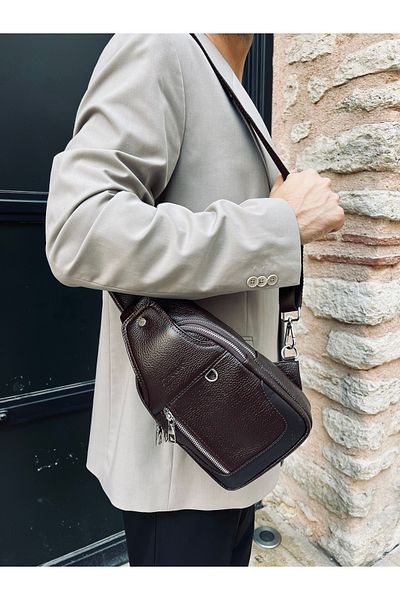 DERKON Brown Genuine Leather Posedo Model Bodybag - Shoulder and Chest Bag