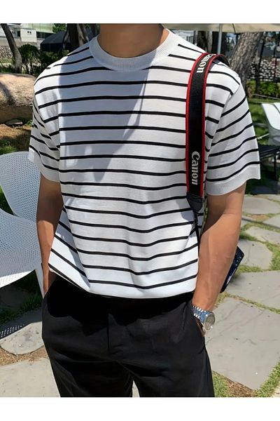 Tarz Cool Men's Matte White Short Sleeve Ribbed Acrylic-Cotton Blend Knitwear T-Shirt