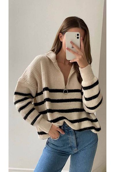 ÇEÇİM Women's Fisher Collar Half Zipper Striped Knitwear Sweater Zyn-58739