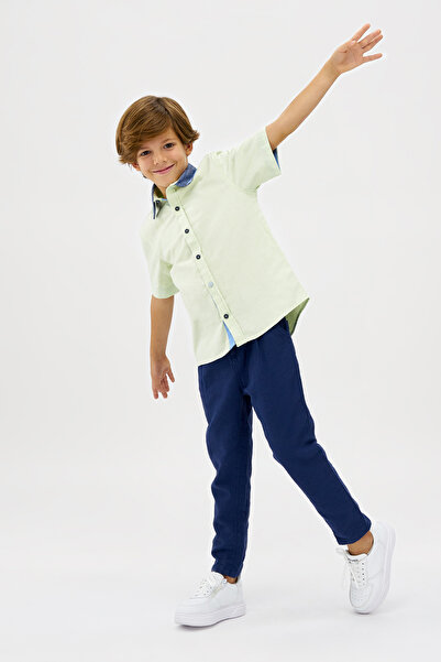 Panço Erkek Çocuk Yakası Şerit Detaylı Yeşil Gömlek