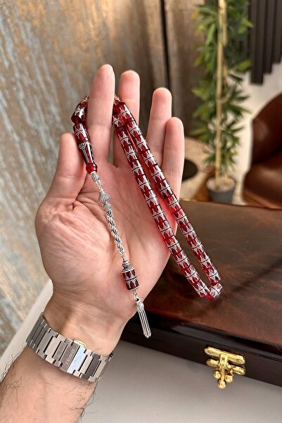 dergah tesbih Gece Kızılı Gümüş İşlemeli Sıkma Kehribar
