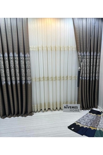 NİVEMESHOME Nivemeshome Larissa H5451 Gold Detailed 1/3 Frequent Pleated Tulle Curtain Apm