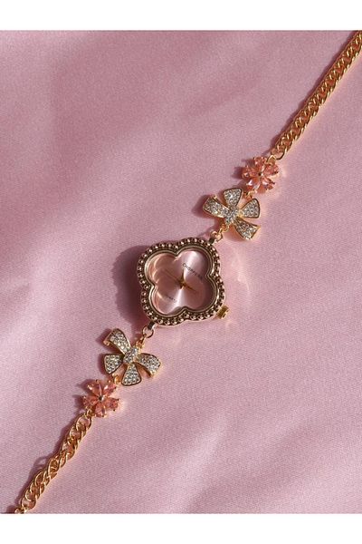 Reorah Collection Rosy Bow Clock - Pink Flower Zircon Stone Clock with Bow