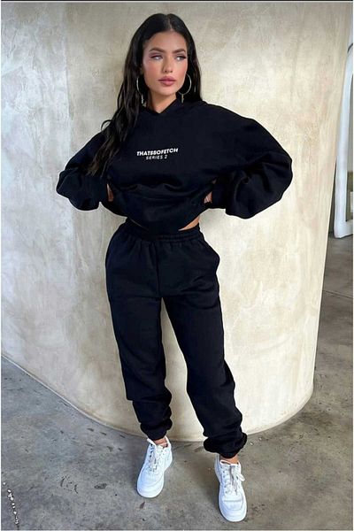 SKYLİGHT Women's Black That so Fetch Printed 3 Thread Sweatshirt High Waist Jogger Tracksuit Set