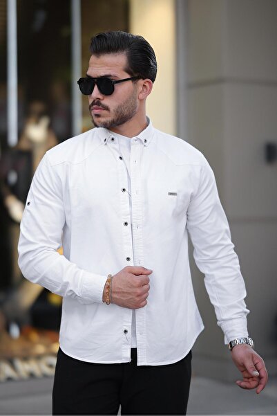 BAYEFENDİ قميص من قماش الدنيم الأبيض بقصة ضيقة من الليكرا