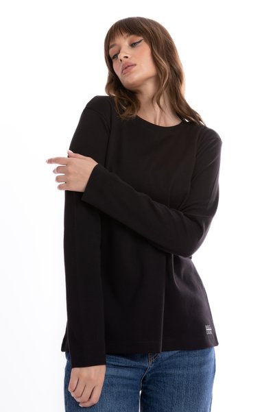 Giyimod Women's BLACK Crew Neck Long Sleeve 100% Cotton Interlock T-Shirt S-102