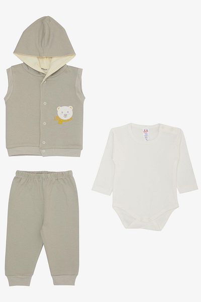 Breeze Baby Boy Bodysuit 3 Piece Set Cute Teddy Bear Embroidered Hooded 4 Months-1 Year Old, Light Gray