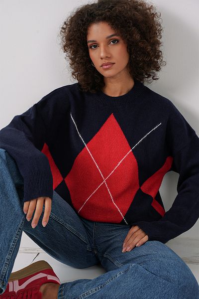 Bigdart 15895 Oversize-Strickpullover mit Rautenmuster – Marineblau