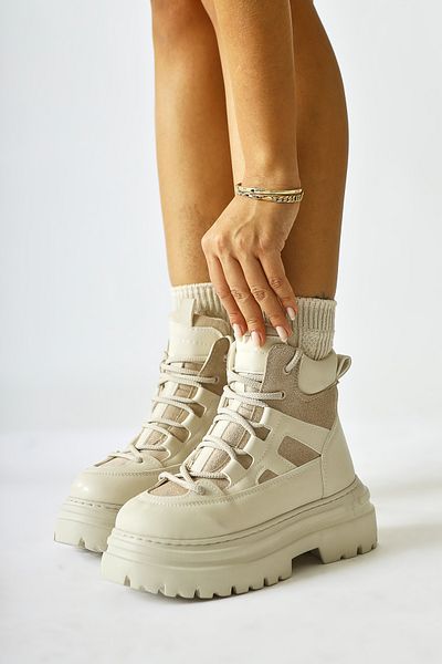 Limoya Kindra Beige Suede Λεπτομερείς Αθλητικές Γυναικείες Μπότες με ψηλή σόλα, Γυναικεία Μποτάκια