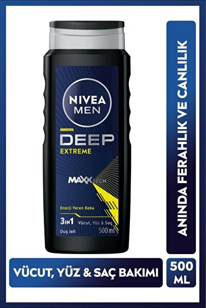 NIVEA MEN Erkek Deep Extreme Duş Jeli 500ml, 3'ü 1 Arada Komple Bakım, Vücut ...