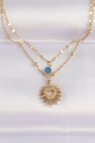 Skygo 316L Steel Chain Gold Color Evil Eye Bead Detail Heart Sun Necklace - Tj-Bko8636