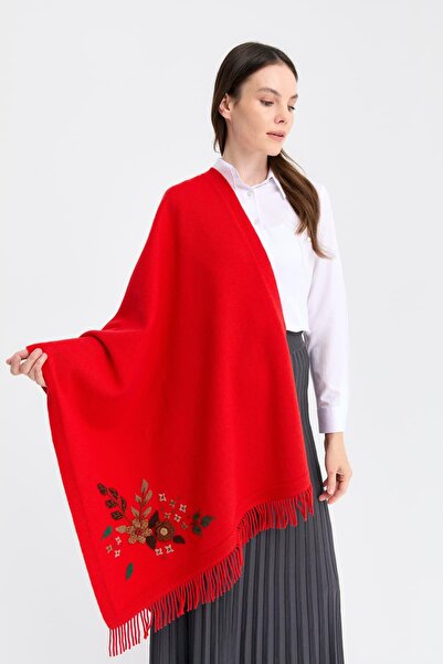 Desen Triko Daisy Embroidered Tasseled Women's Wool Shawl - Coral