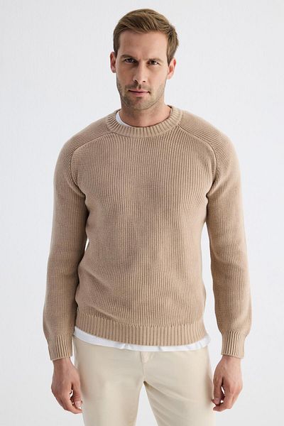 odelon Μπεζ ανδρικό πλεκτό πουλόβερ - Crew Neck, Πλεκτό Θεσσαλονίκης, Βαμβακερό