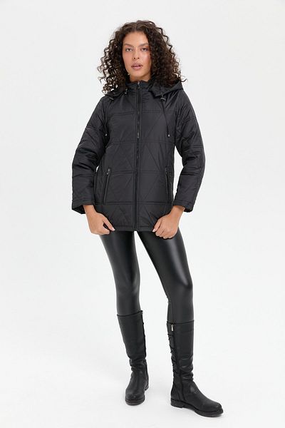 Desen Triko Black Hooded Triangle Patterned Women's Coat