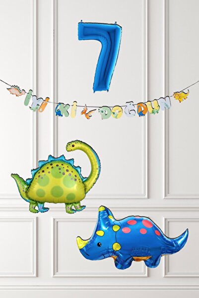 PEKSHOP Dinazor Tema Doğum Günü Balon Süsleme Seti Bannerlı Mavi Yaş Balonlu ...