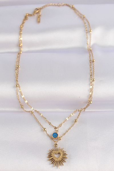 Skygo 316L Steel Chain Gold Color Evil Eye Bead Detail Heart Sun Necklace - Tj-Bko8636