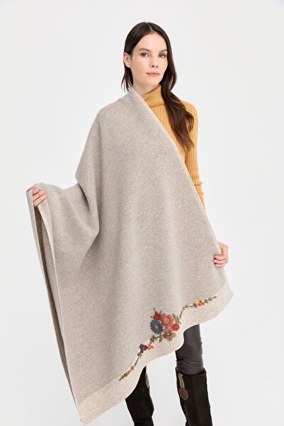 Desen Triko V.Beige Large Wool Shawl - Embroidered Edges