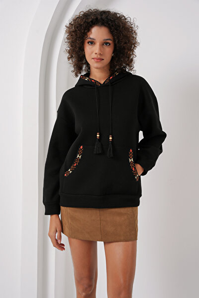 Bigdart 55443 Nakışlı Oversize Sweatshirt - Siyah