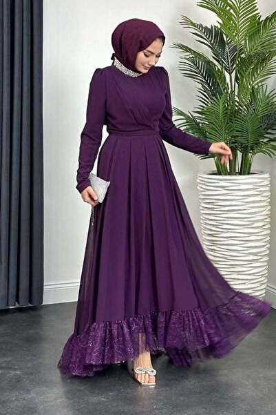 Tane 24Y4562 ELBİSE ABİYE ŞİFON ETEK UCU GÜPÜRLÜ YAKASI TAŞLI MOR