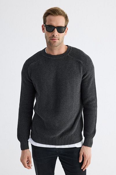 odelon Men's Anthracite Knitwear Sweater - Crew Neck, Thessaloniki Knit, Cotton