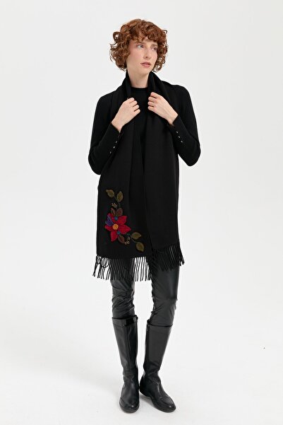 Desen Triko Black Knitted Flower Embroidered Tasseled Camisole