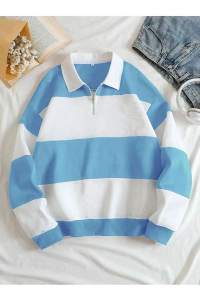 DEEPSENCE Unisex Oversize Φούτερ με μισό φερμουάρ με γιακά 3 κλωστών Μπλε Λευκό
