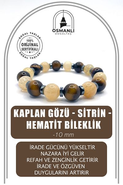 OSMANLI DEĞERLİ TAŞ 10mm Tiger Eye - Citrine and Hematite Natural Stone Bracelet