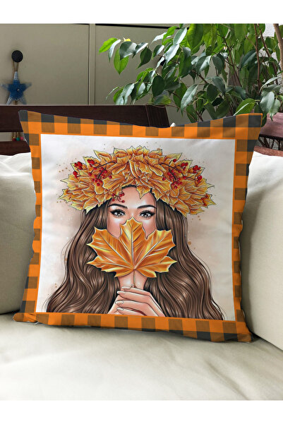 Evmila Sonbahar Temalı 43x43 Kadife Kırlent Kılıfı