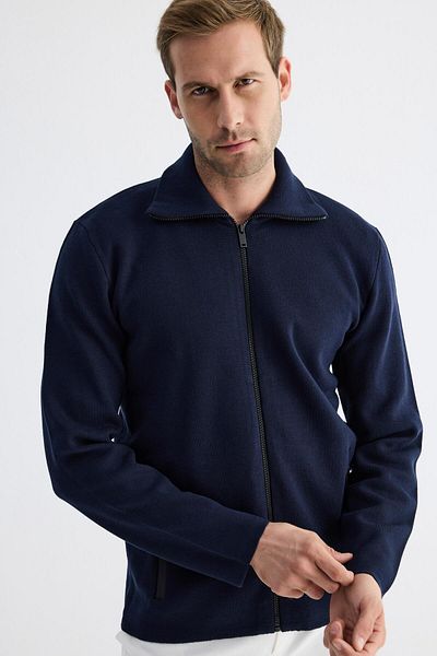 odelon Men's Waterproof Zippered Cotton Knitwear Cardigan Navy Blue HRK201