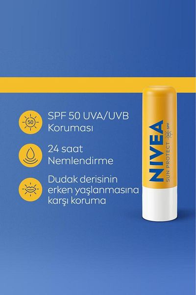 NIVEA Sun High Sun Protection Lip Care Cream 4.8Gr, Spf50, 24 Hour Moisturizing, Vitamin E and C