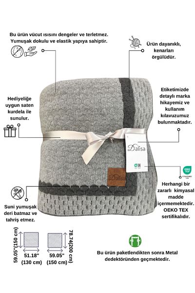DALİSA Shell Double Sided Knitwear Knitted Bedspread, Sofa Cover Gray - 150 X 200