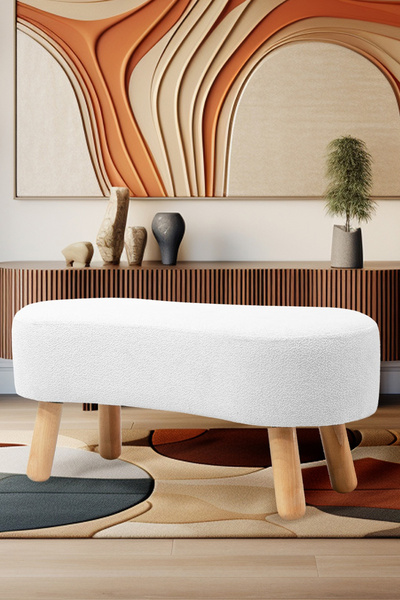 Zem Dublin Bohem Ahşap Ayaklı Puf/bench, Kırık Beyaz