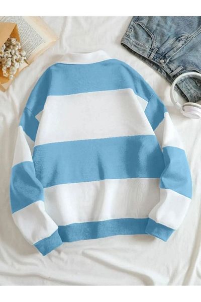 DEEPSENCE Unisex Oversize Φούτερ με μισό φερμουάρ με γιακά 3 κλωστών Μπλε Λευκό