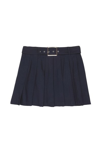 Quzu Navy Blue Mini Pleated Skirt - Belt Detailed