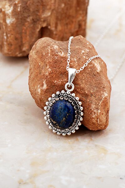 Sümer Telkari Lapis Lazuli Taşlı Telkari Elişi Oval Gümüş Kolye 8033