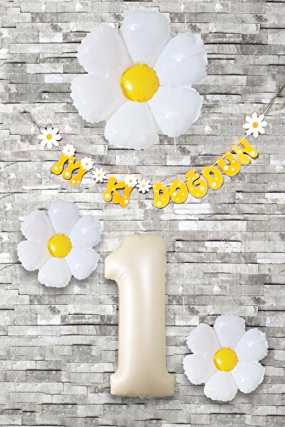 PEKSHOP Papatya Tema Doğum Günü Balon Süsleme Seti Bannerlı Yaş Balonu Balon ...