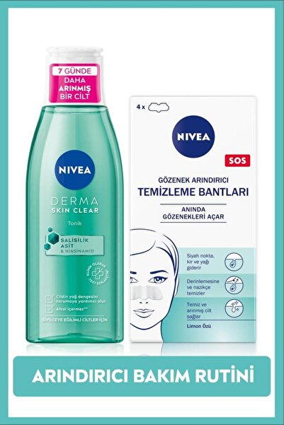 NIVEA Karşıtı Derma Skin Clear Arındırıcı Tonik 200ml Ve T-bölgesi Siyah Nokta Temizleyici Bant