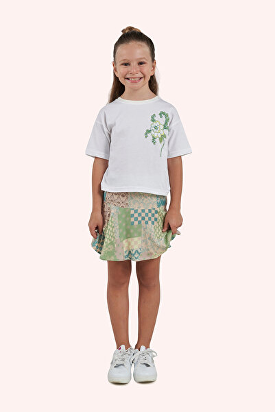 Panço Kız Çocuk Desenli Bej Etek