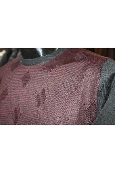 Diandor Men's O-Neck Patterned Classic Wool Knitwear Sweater Claret Red